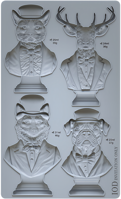 The Invitation Only Mould by I.O.D. with cat, deer, fox, and dog tuxedo busts labeled in ml and grams.