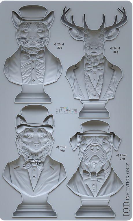 Four animal bust moulds in suits—cat, deer, fox, dog—with size and weight info from I.O.D. Invitation Only.