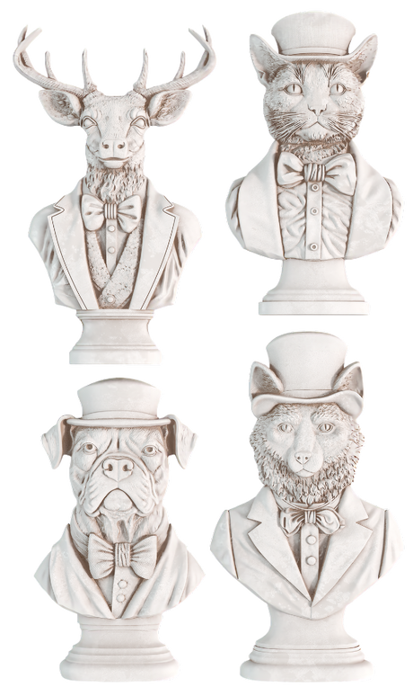 I.O.D. Invitation Only Mould busts: deer, cat, dog, and wolf in suits and top hats on pedestals.