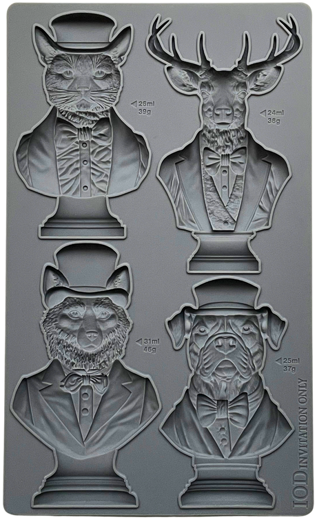 Invitation Only Mould by IOD: four animal busts in suits and hats, volumes labeled. Brand: Iron Orchid Designs.