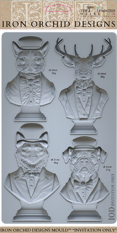 Invitation Only Mould by IOD featuring cat, deer, wolf, and bulldog in suits. Brand: I.O.D.