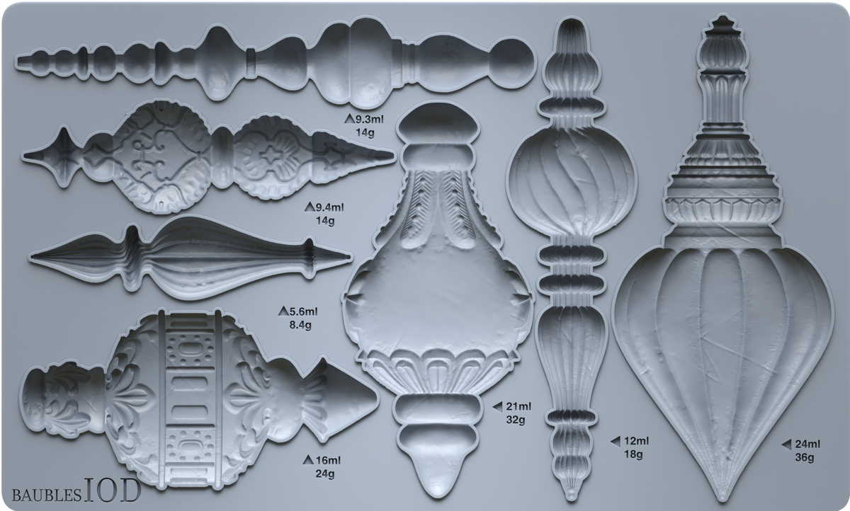 I.O.D. Baubles Mould (2026 Limited Release) showing nine ornament shapes, each labeled with volume and weight.