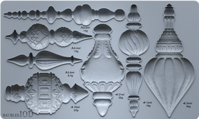I.O.D. Baubles Mould (2026 Limited Release) showing nine ornament shapes, each labeled with volume and weight.