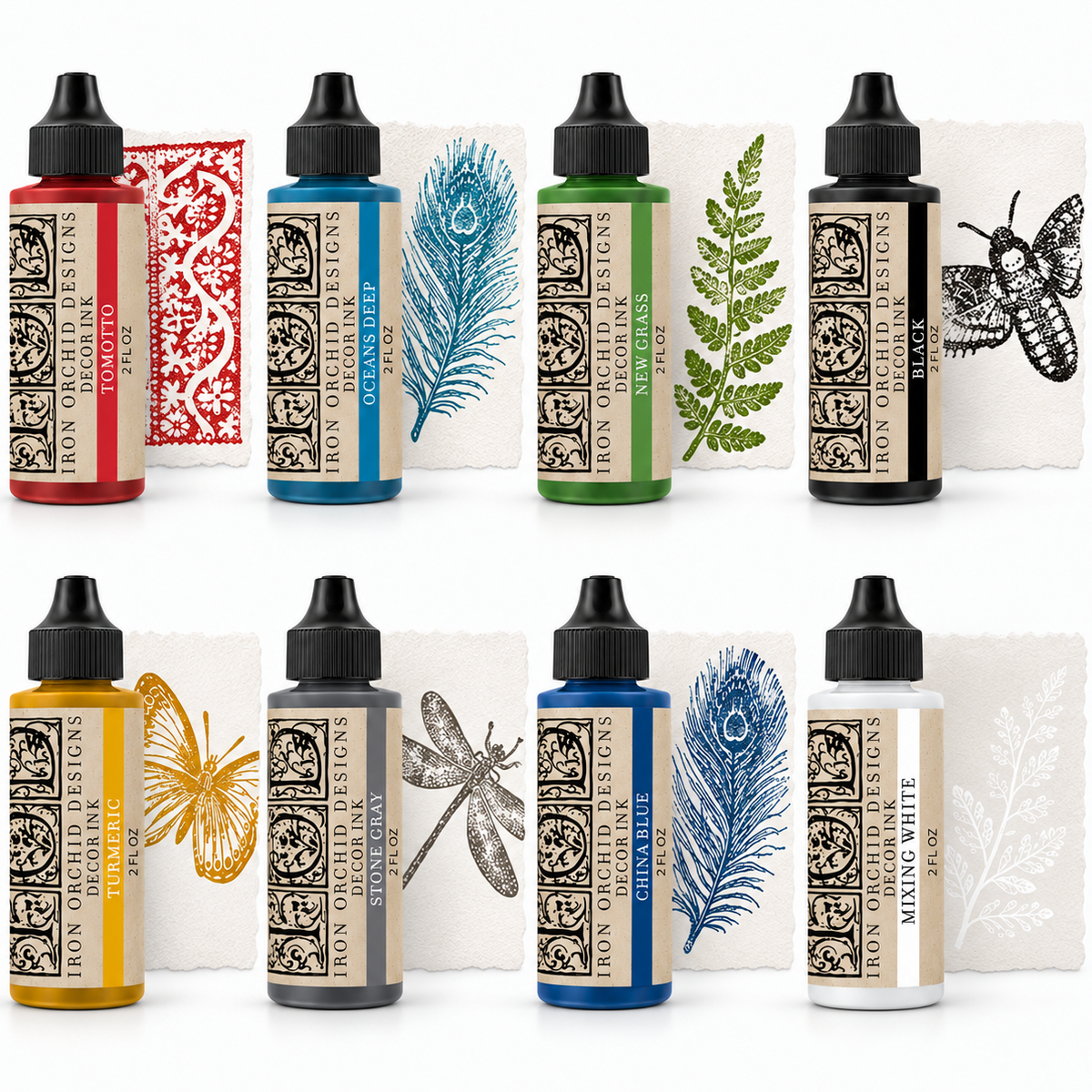 Eight Decor Ink by IOD bottles displayed in front of stamped images matching each ink color.