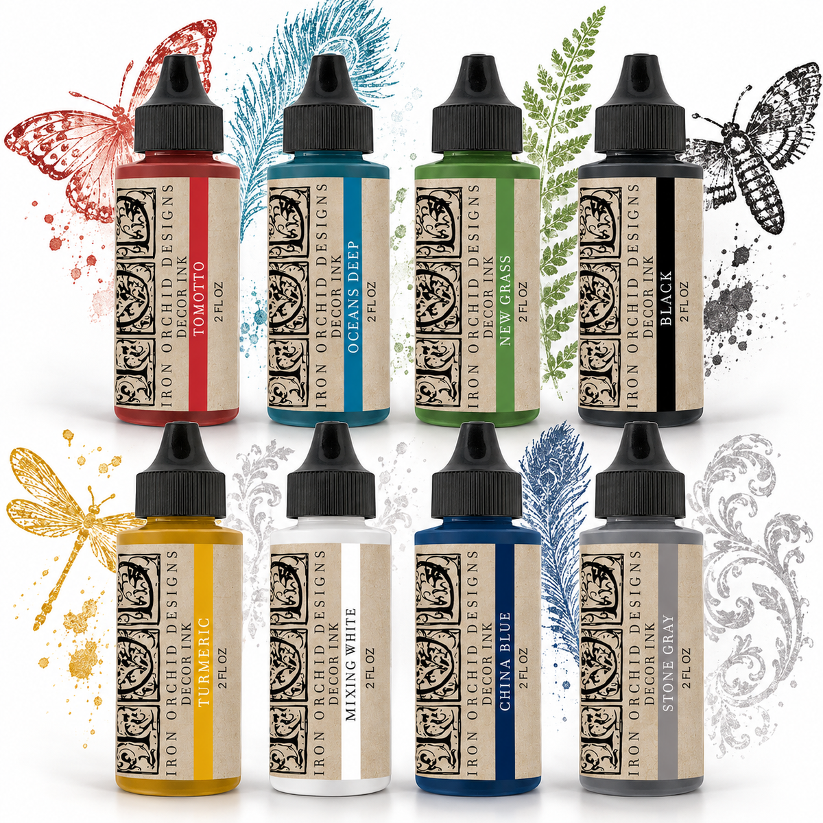 Eight IOD Decor Ink bottles arranged in two rows.