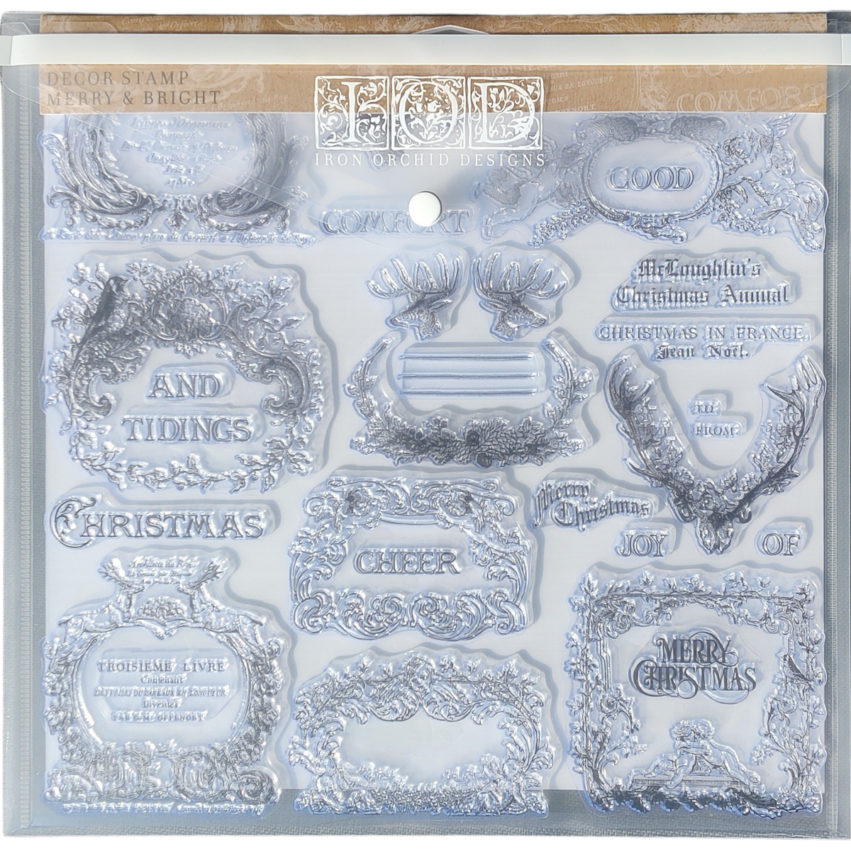 I.O.D. Stamp Storage Envelope with ornate Christmas and holiday-themed designs and phrases for organizing stamps.