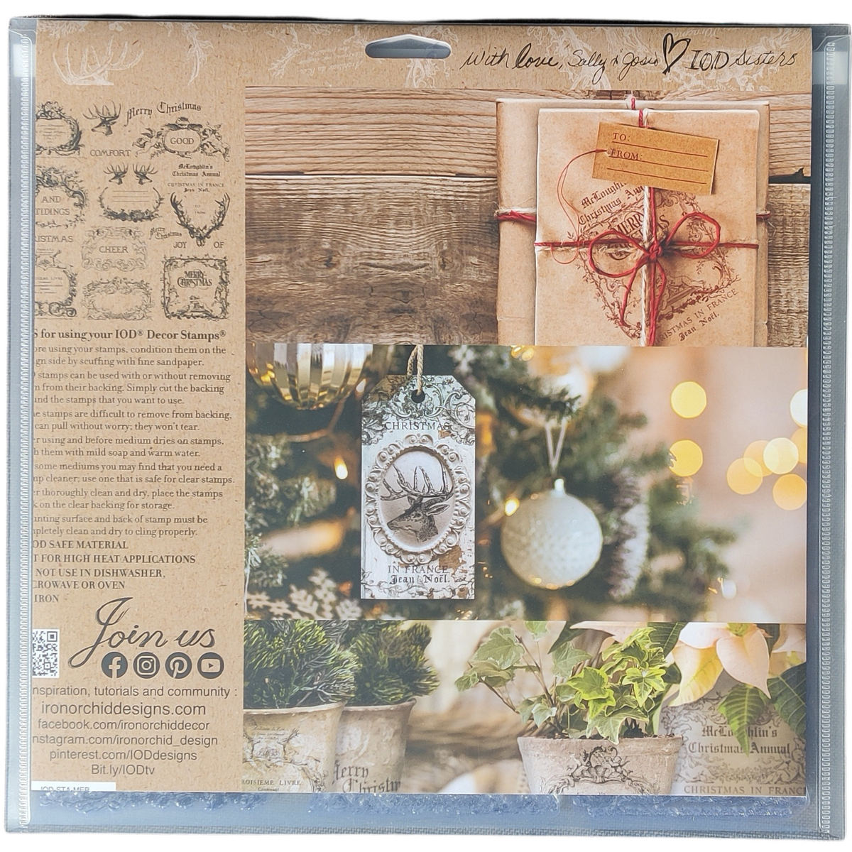 I.O.D. Stamp Storage Envelope with Christmas tags, decor, and plants in brown and cream tones.