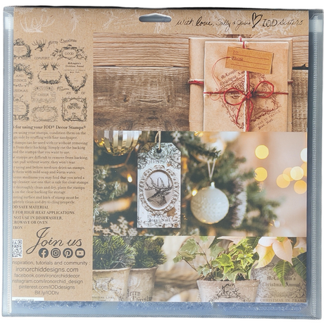 I.O.D. Stamp Storage Envelope with Christmas tags, decor, and plants in brown and cream tones.