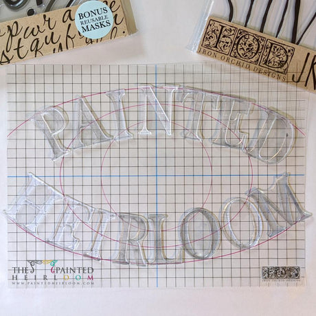 IOD Thin Mounts by I.O.D. with grid lines and curved guides, designed for clear letter stamps like PAINTED HEIRLOOM sets.