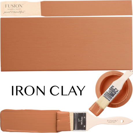 Brush, painted swatch, and bowl with Fusion Mineral Paint in Iron Clay by Fusion Mineral Paint displayed together.