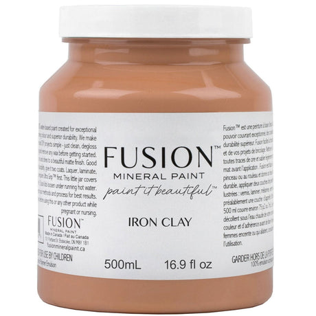 500ml Fusion Mineral Paint jar in Iron Clay with detailed product information on the label.