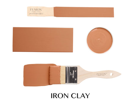 Iron Clay Fusion Mineral Paint swatch, brush, and sample jar in rich terracotta shade.