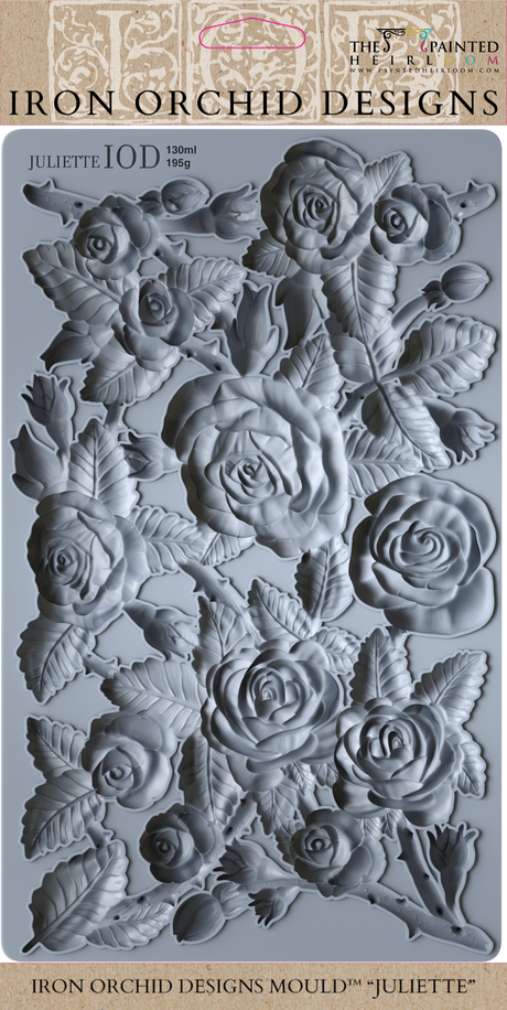 Gray silicone Juliette Mould by IOD with detailed roses and leaves, food safe, inspired by classic decor.