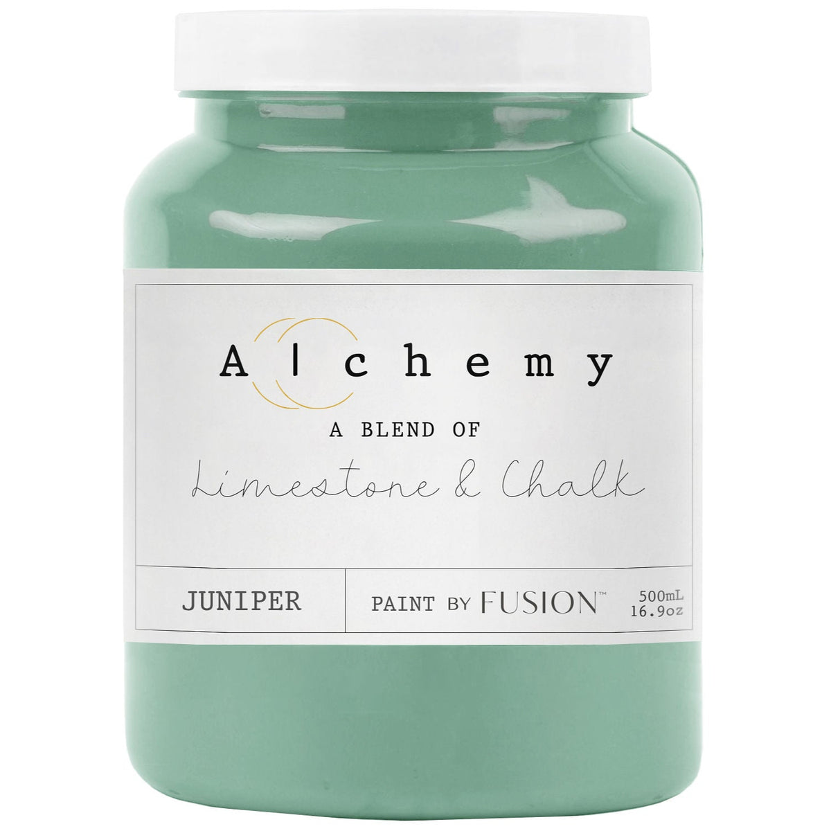 500ml Fusion Mineral Paint Juniper Alchemy, chalk-style with limestone and juniper, in green jar.