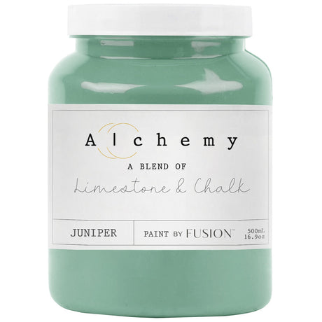 500ml Fusion Mineral Paint Juniper Alchemy, chalk-style with limestone and juniper, in green jar.