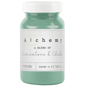 Fusion Mineral Paint Juniper Alchemy chalk-style green paint jar for furniture, contains limestone and chalk.