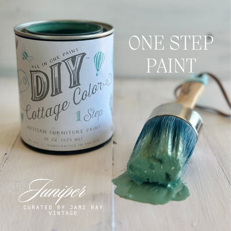 Juniper DIY Cottage Color paint can by DIY Paint Co. with a brush holding green paint on a white surface.