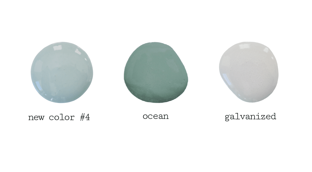 Three rounded color swatches: Juniper, Ocean, and Galvanized from Old Fashioned Milk Paint.
