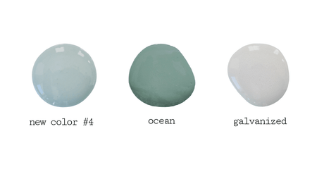 Three rounded color swatches: Juniper, Ocean, and Galvanized from Old Fashioned Milk Paint.
