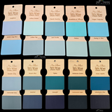 Fifteen blue and green Miss Lillian’s Paint Pretty ‘n’ Chic No-Wax Chock Paint color swatches for furniture.