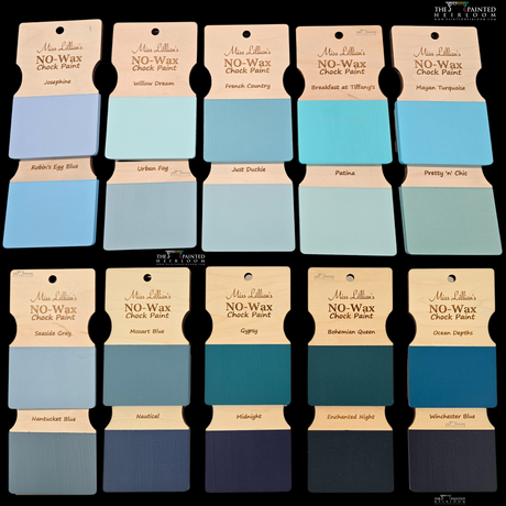 Fifteen blue and green Miss Lillian’s Paint Pretty ‘n’ Chic No-Wax Chock Paint color swatches for furniture.