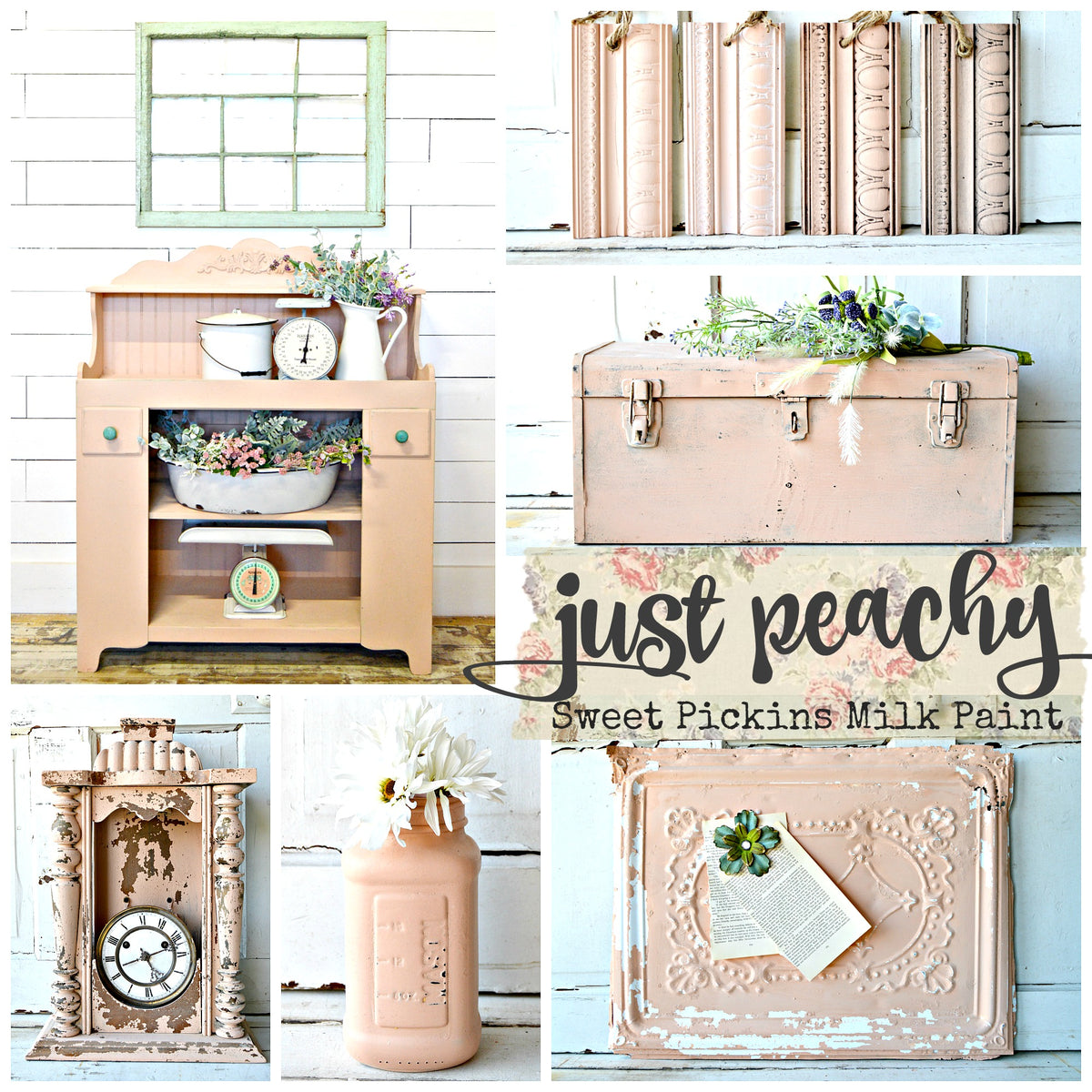 Collage with Just Peachy Old Fashioned Milk Paint furniture, books, vintage suitcase, clock, and sign.