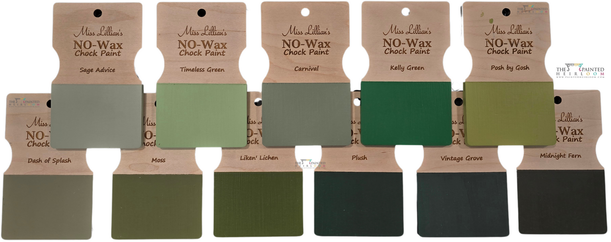Miss Lillian’s Posh by Gosh greens set with Sage Advice, Kelly, Dusk, and more paint colors for furniture restoration.