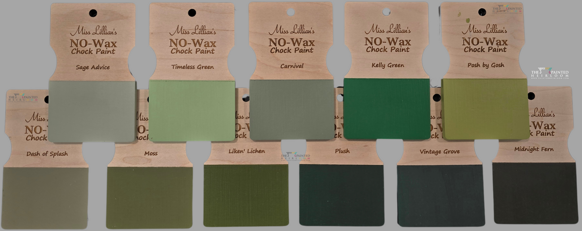 Ten Miss Lillian’s Posh by Gosh No-Wax Chock Paint green swatches, ranging from sage to olive.