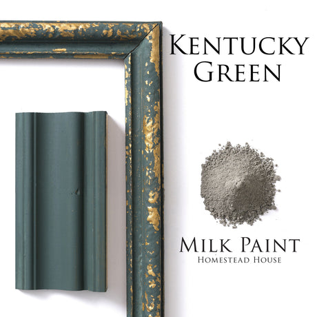 Distressed green and gold frame with Kentucky Green Milk Paint by Homestead House and matching paint sample.