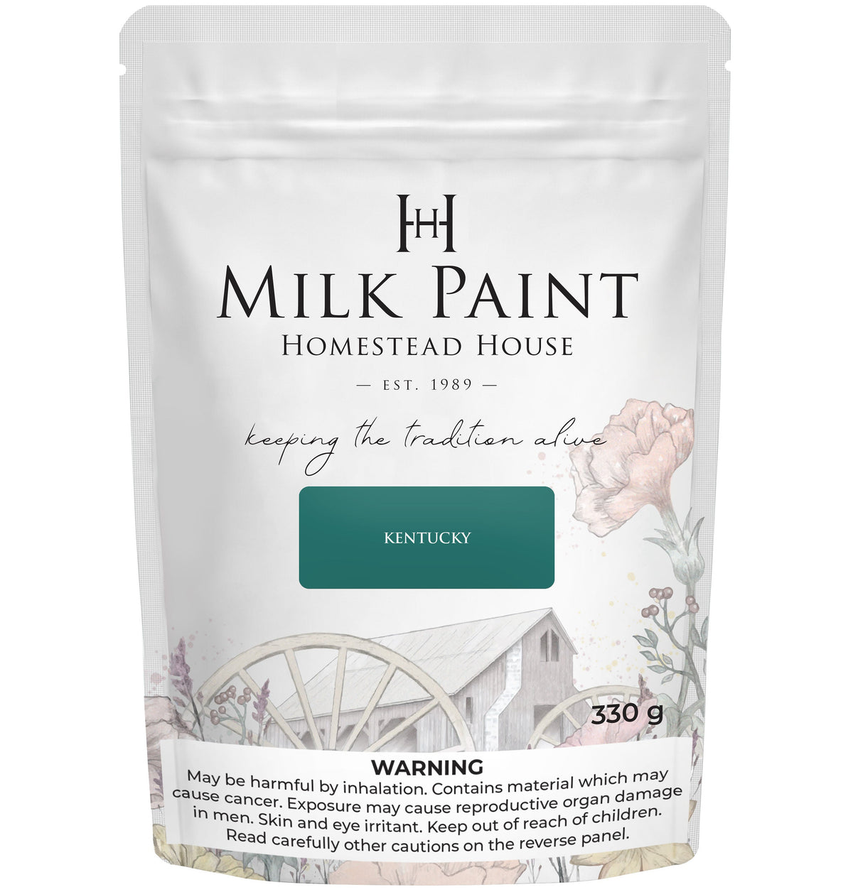 330g Kentucky Green Milk Paint by Homestead House, bag with barn and wagon wheel packaging design.
