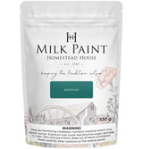 330g Kentucky Green Milk Paint by Homestead House, bag with barn and wagon wheel packaging design.