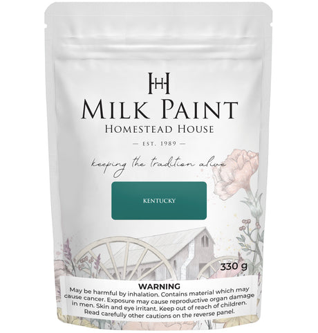 330g Kentucky Green Milk Paint by Homestead House, bag with barn and wagon wheel packaging design.