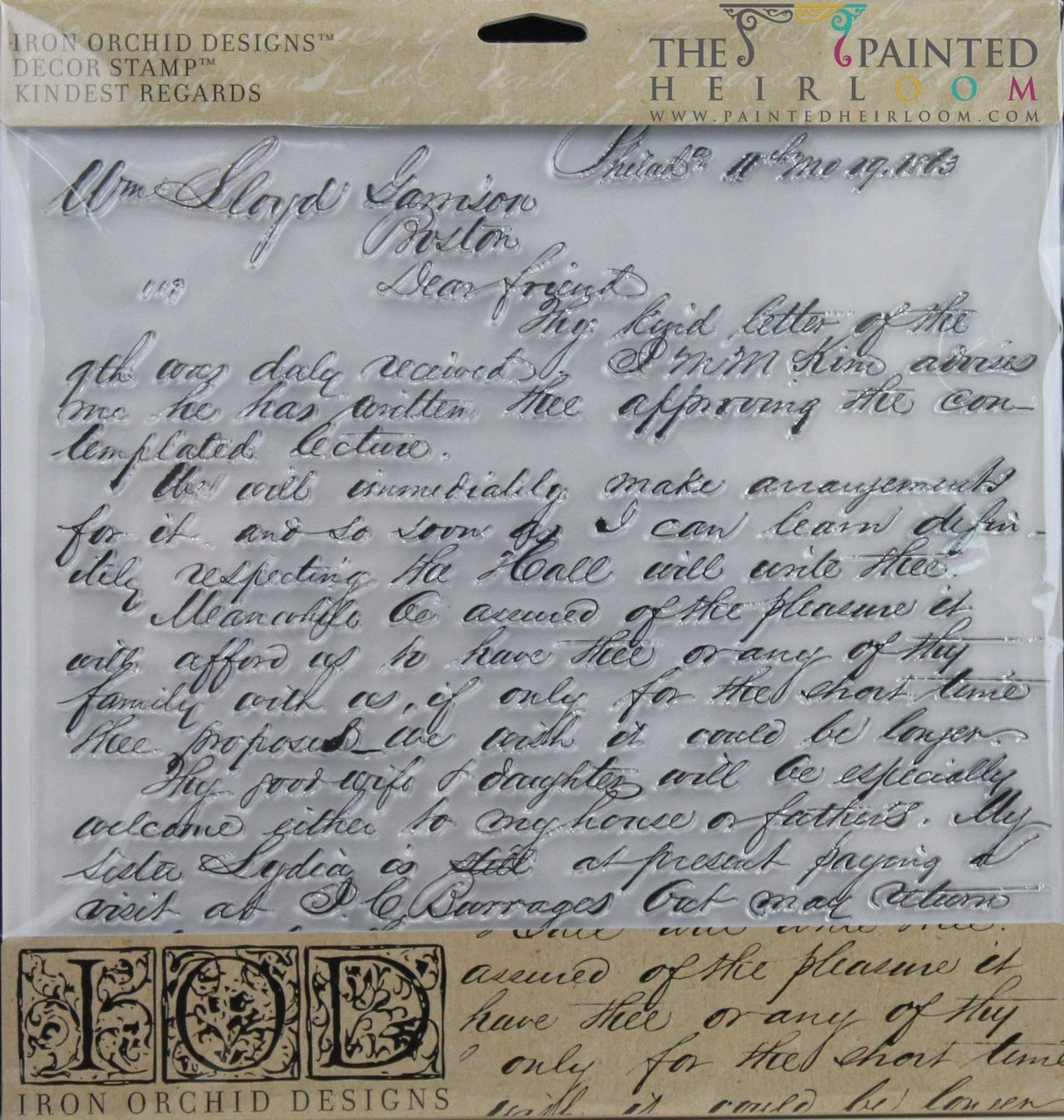 Kindest Regards Stamp by I.O.D., décor stamp sheet with cursive handwriting design and branded header.