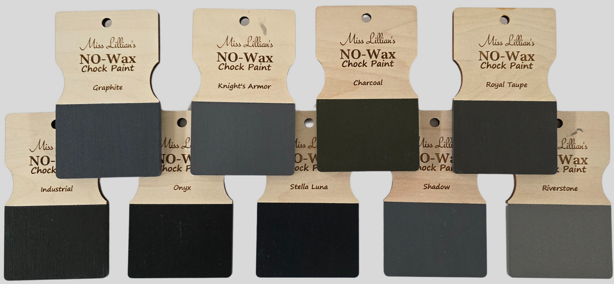 Miss Lillian’s Royal Taupe No-Wax Chock Paint for furniture restoration and color swatch sampling.