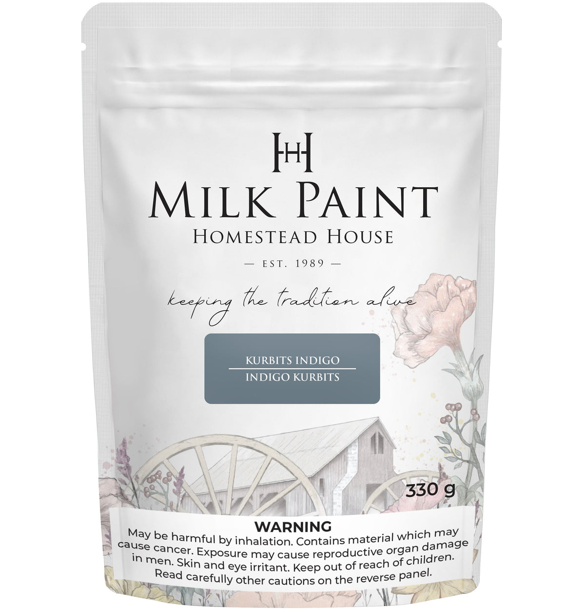 330g Kurbits Indigo Milk Paint by Homestead House, bag with floral art and health warning on packaging.