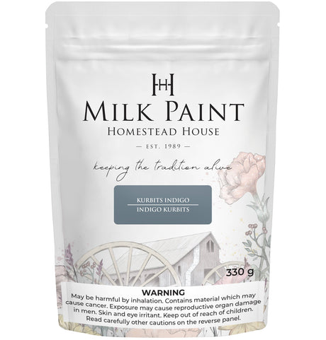 330g Kurbits Indigo Milk Paint by Homestead House, bag with floral art and health warning on packaging.