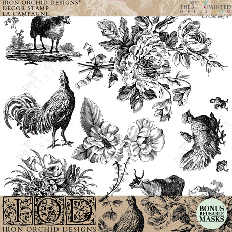 La Campagne Stamp by IOD featuring black & white vintage farm animal, bird, and flower designs.