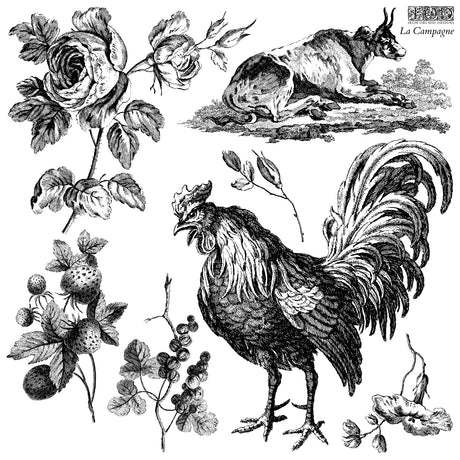 La Campagne Stamp by I.O.D. in black and white, showing cow, rooster, flowers, and berries.