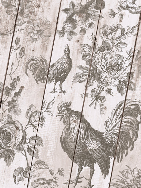 Rustic rooster and floral designs stamped on wood with I.O.D. La Campagne Stamp in vintage monochrome style.