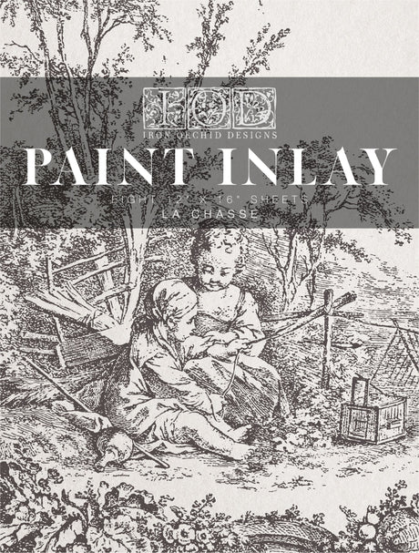 Two children, trees, and a basket design featured on I.O.D. La Chasse Paint Inlay by Iron Orchid Designs.