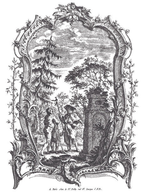 Two figures with staffs by stonework, foliage, and decor. La Chasse Paint Inlay by IOD – Iron Orchid Designs.
