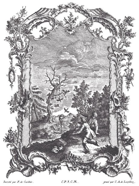 La Chasse Paint Inlay by I.O.D., featuring two figures with a tree and birds, for decorative craft use.