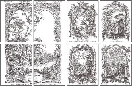 Eight black-and-white framed illustrations from I.O.D. La Chasse Paint Inlay displayed in a grid.