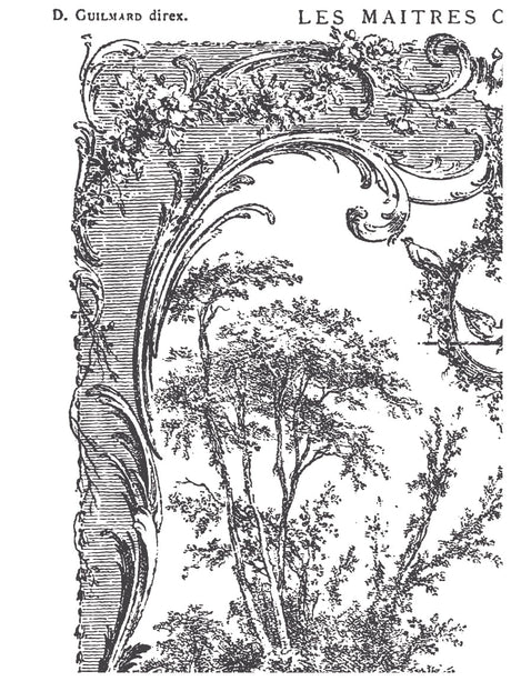 La Chasse Paint Inlay by I.O.D., vintage black-and-white pattern for furniture and décor projects.