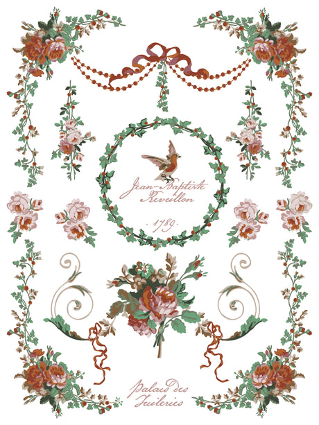 La Folie Paint Inlay by IOD with pink roses, vines, red ribbons, bird, and French text in folk art style.