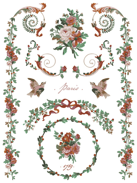 La Folie Paint Inlay by I.O.D. featuring French folk art vines, birds, ribbons, and script on white background.