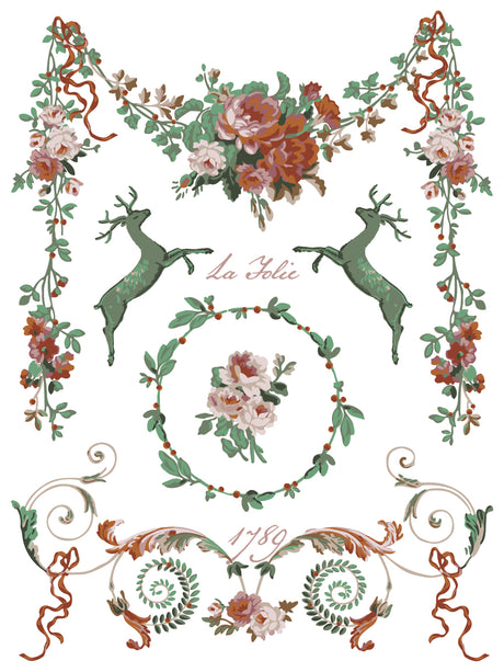 La Folie Paint Inlay by IOD with green deer, floral garlands, and vintage text in French folk art style.