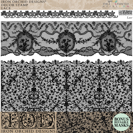 Three black I.O.D. Lace Stamp designs and reusable masks from Iron Orchid Designs.