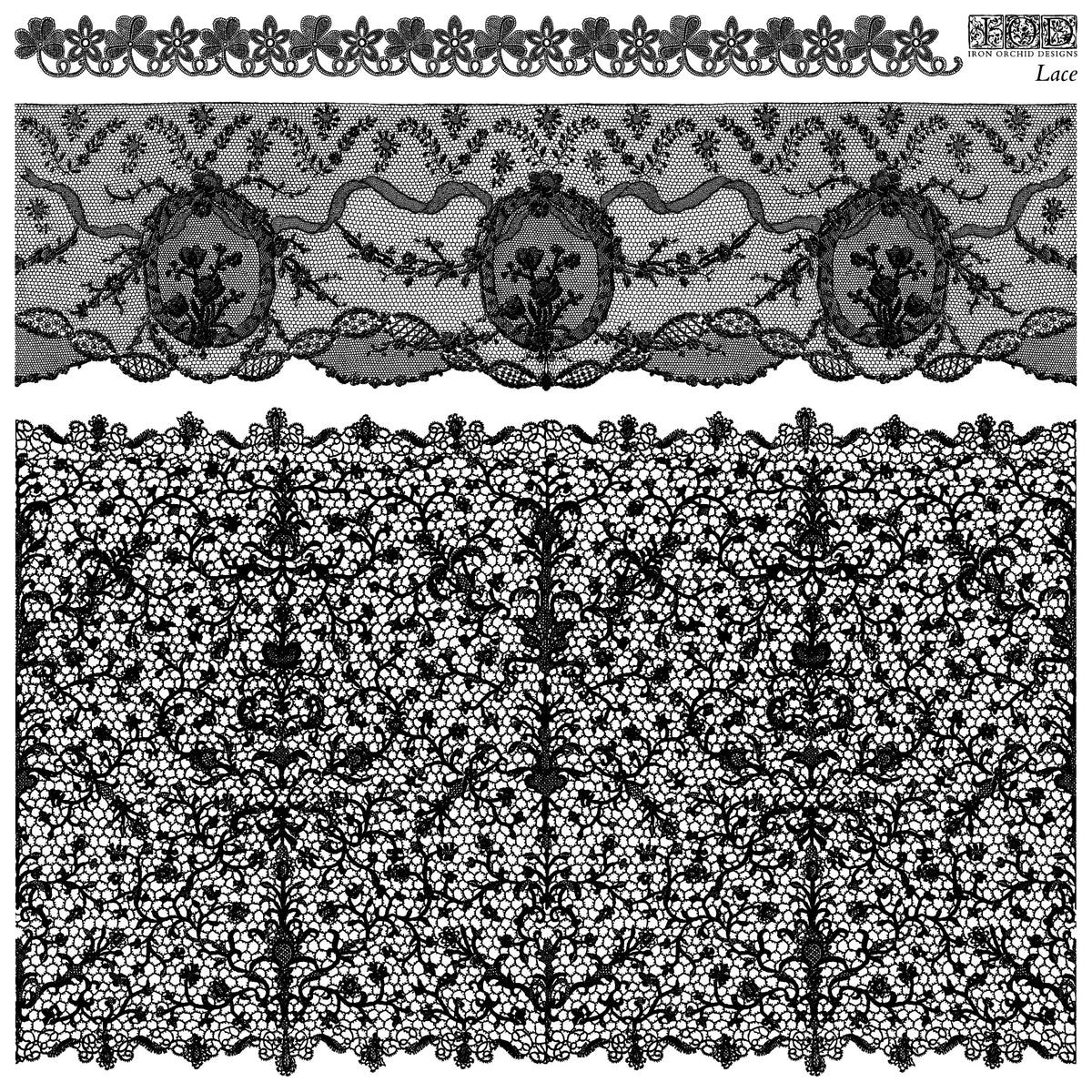 Lace Stamp by IOD featuring floral border, mesh medallions, and dense Iron Orchid Designs detail.