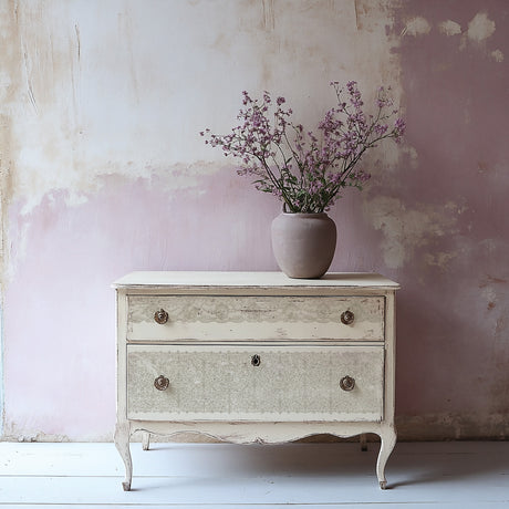 Vintage two-drawer dresser featuring I.O.D. Lace Stamp design, topped with a vase of purple flowers.